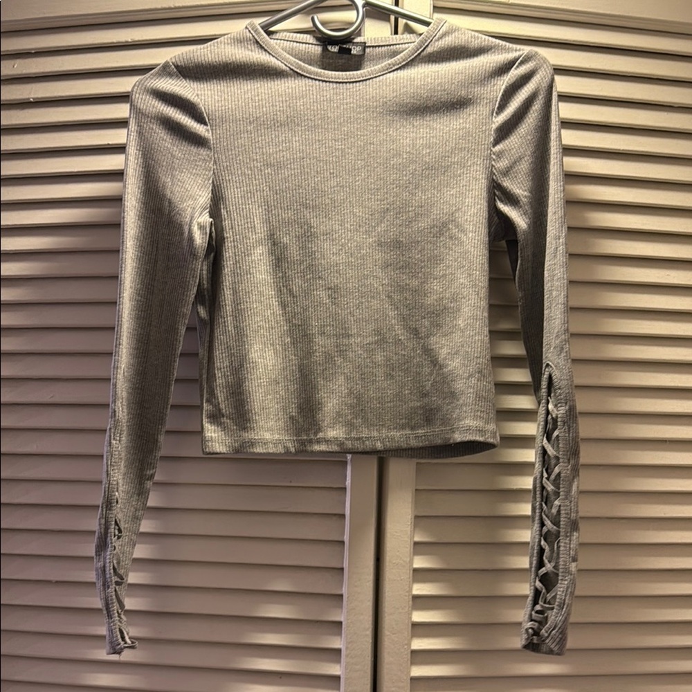 TOPSHOP | Gray Ribbed Long Sleeve Top